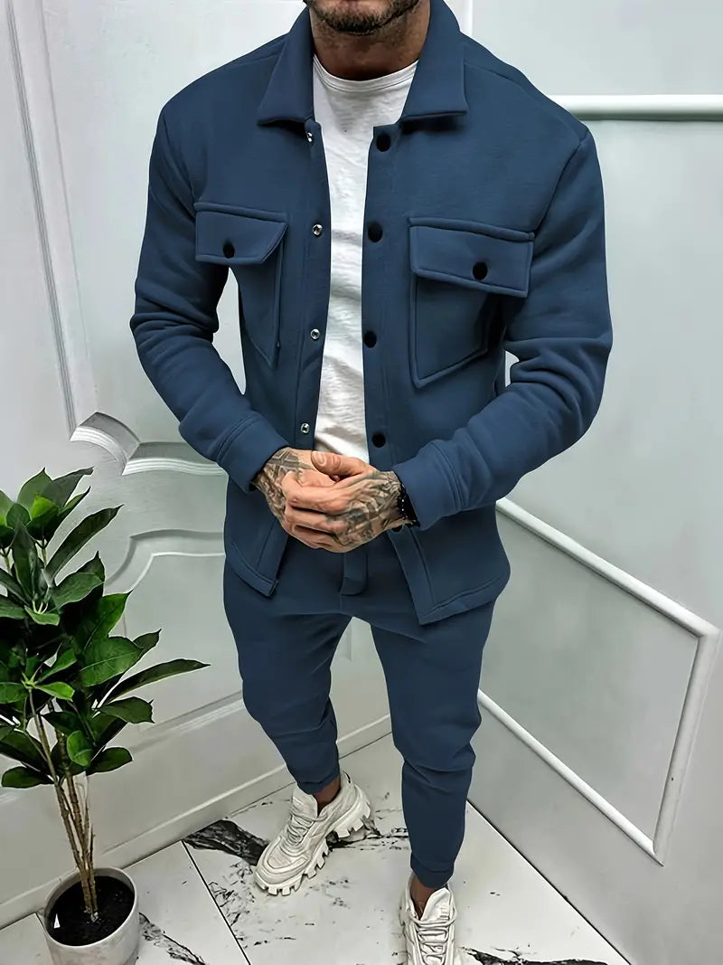 Two-Piece Set - Long Sleeve - Overshirt - Co-Ord Set - Men's Clothing-Outfit Sets-Chaps London-Navy Blue-S-Chaps London