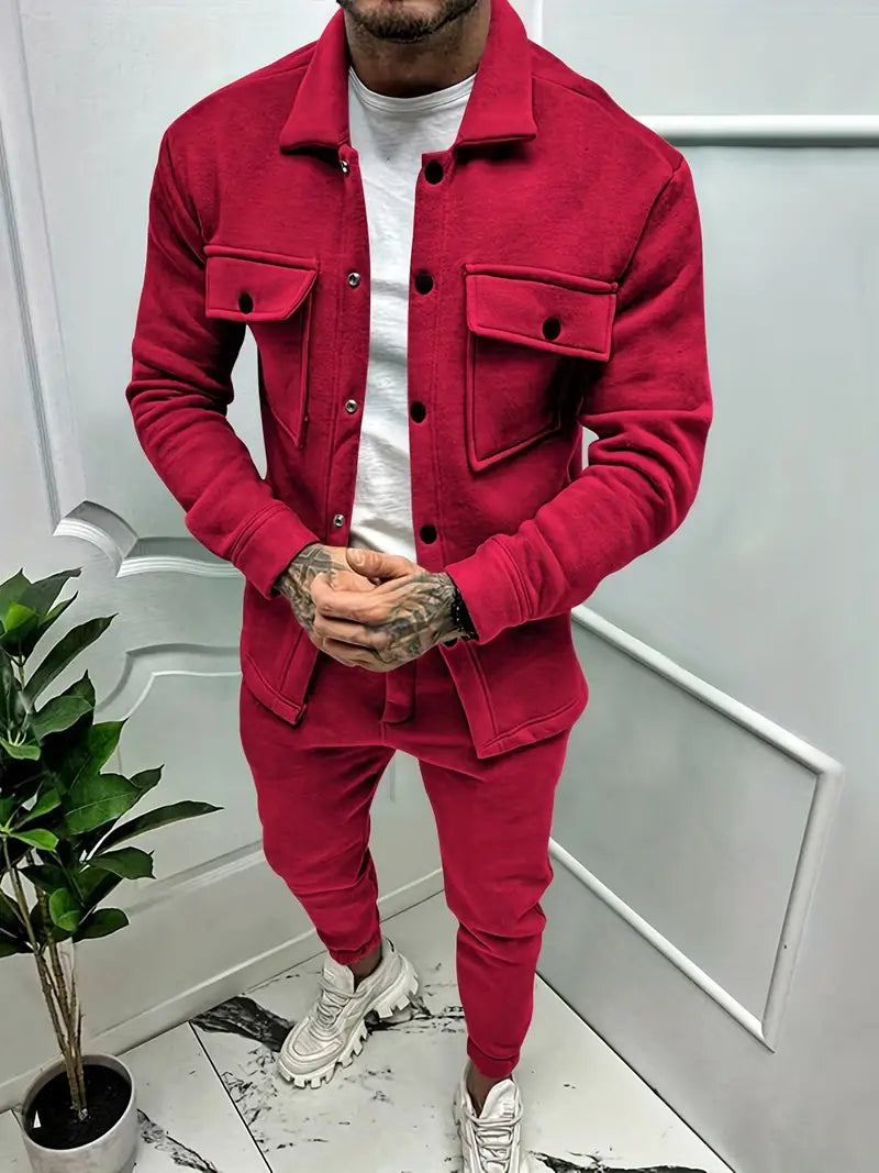 Two-Piece Set - Long Sleeve - Overshirt - Co-Ord Set - Men's Clothing-Outfit Sets-Chaps London-Red-S-Chaps London