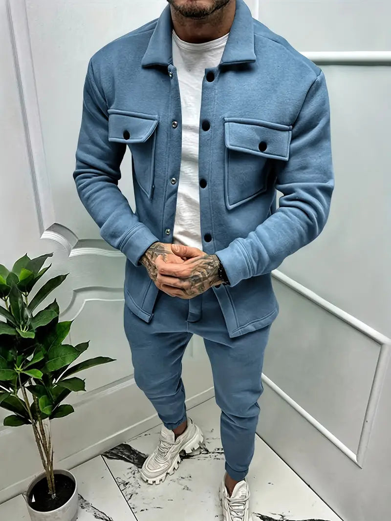 Two-Piece Set - Long Sleeve - Overshirt - Co-Ord Set - Men's Clothing-Outfit Sets-Chaps London-Sea Blue-S-Chaps London