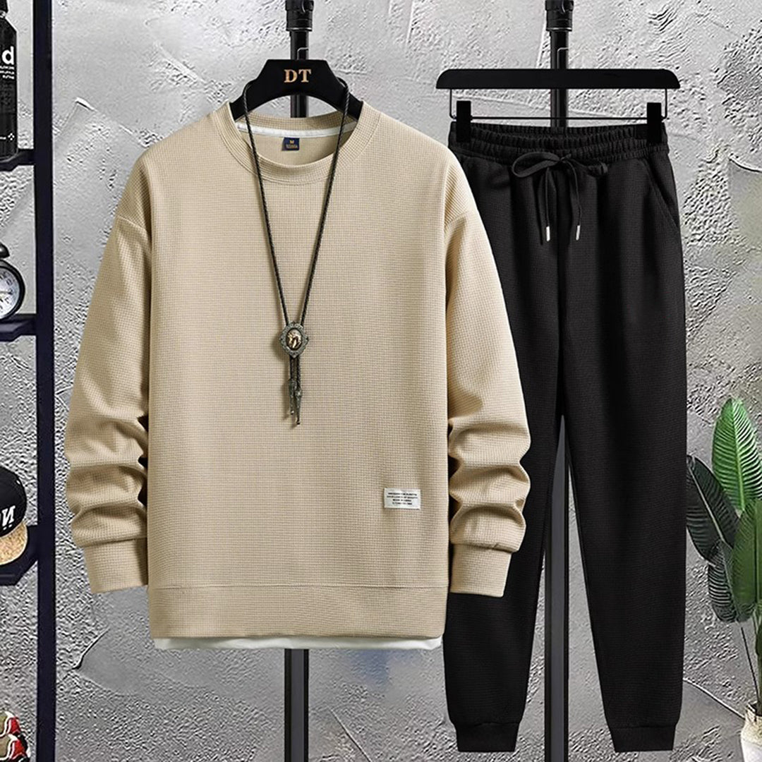 Two-Piece Set - Men's Co Ord Loose Fit Leisure Jogger Sweatshirt Set-Fashion Men Tracksuit All-year-Chaps London-Beige-Black-M-Chaps London