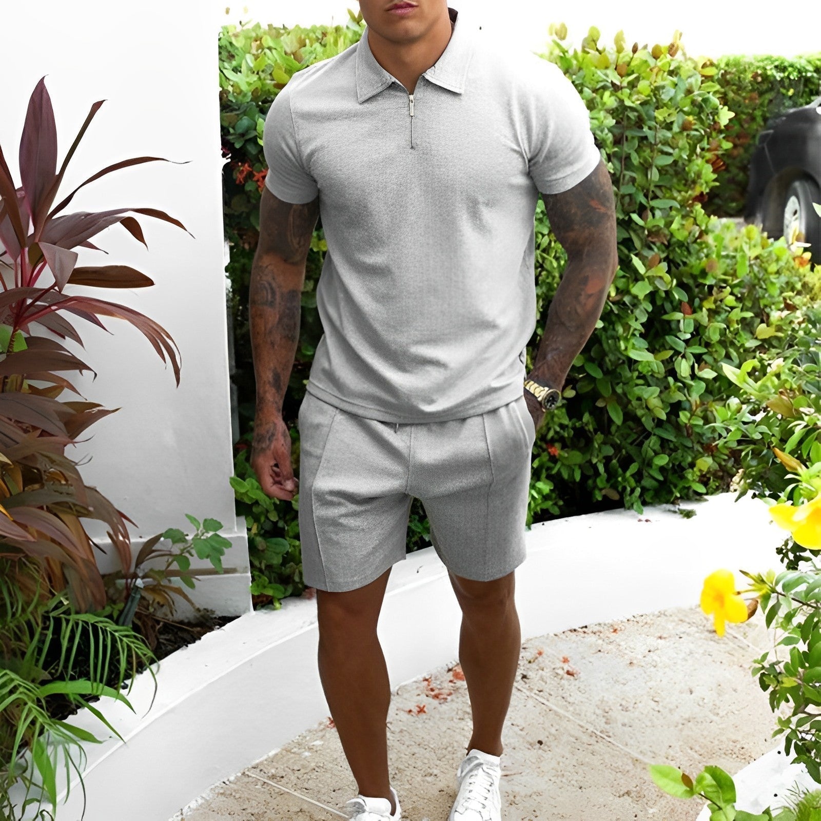 Two-Piece Set - Men's T-Shirt and Shorts Co-Ord Set for Summer-Chaps London-Gray-S-Chaps London