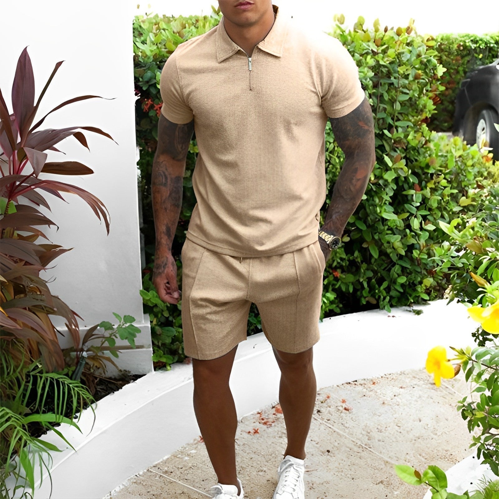Two-Piece Set - Men's T-Shirt and Shorts Co-Ord Set for Summer-Chaps London-Khaki-S-Chaps London