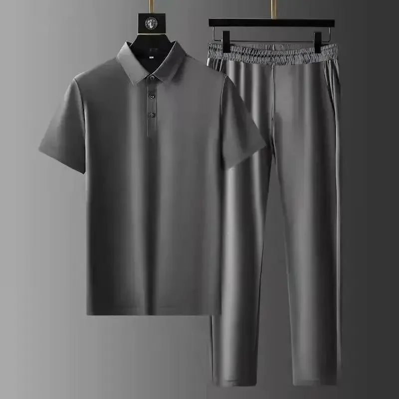 Two-Piece Set | Short Sleeve | Polo Shirt | Co-Ord Set | Men's Clothing-Chaps London-Anthracite-M-Chaps London