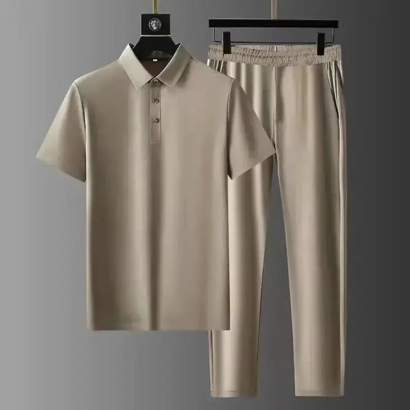 Two-Piece Set | Short Sleeve | Polo Shirt | Co-Ord Set | Men's Clothing-Chaps London-Beige-M-Chaps London