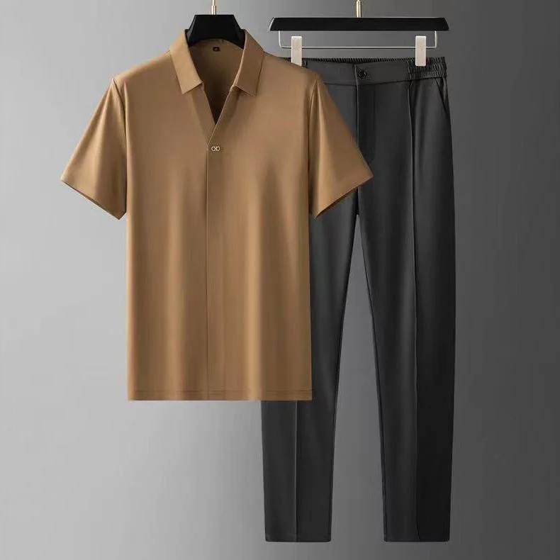 Two-Piece Set | Short Sleeve | Polo Shirt | Co-Ord Set | Men's Clothing-Chaps London-Khaki-M-Chaps London