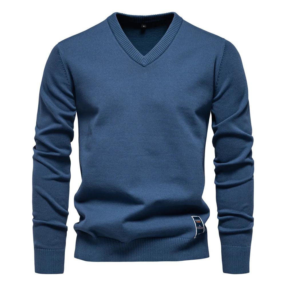 V Neck Jumper - Long Sleeve Knitted Men's Jumper-Trui man-Chaps London-Blue-S-Chaps London