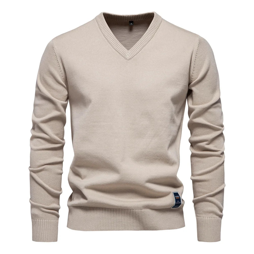 V Neck Jumper - Long Sleeve Knitted Men's Jumper-Trui man-Chaps London-Khaki-S-Chaps London