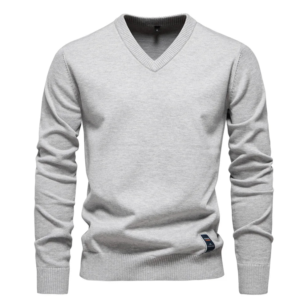 V Neck Jumper - Long Sleeve Knitted Men's Jumper-Trui man-Chaps London-Light Gray-S-Chaps London