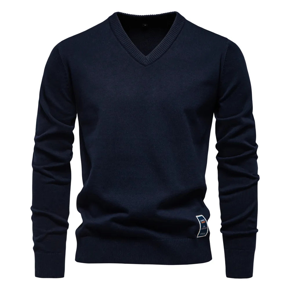 V Neck Jumper - Long Sleeve Knitted Men's Jumper-Trui man-Chaps London-Navy Blue-S-Chaps London