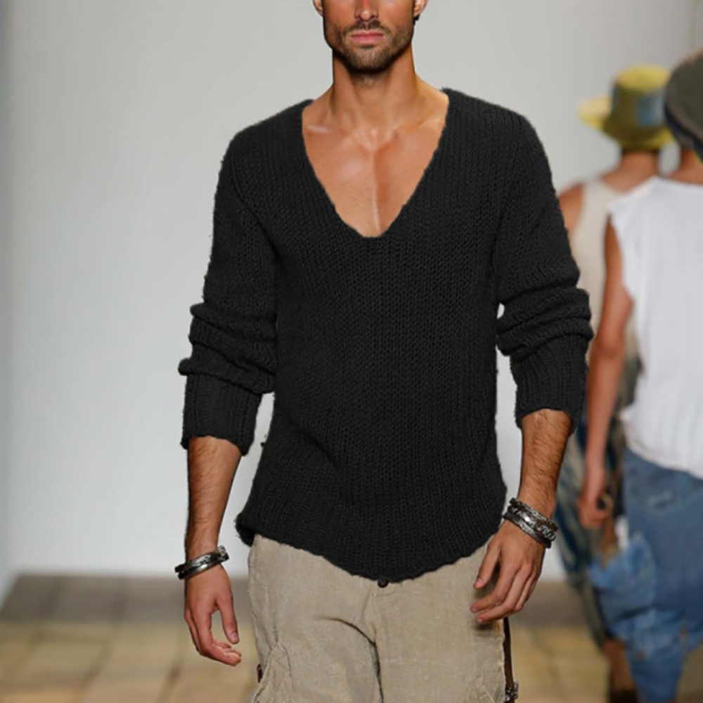 V-Neck Jumper | Long Sleeve | Autumn | Knitted Sweater | Men's Clothing-Chaps London-Black-S-Chaps London