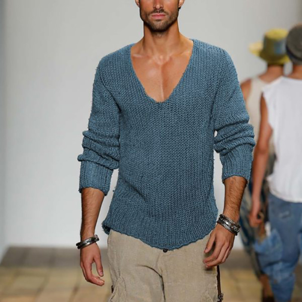 V-Neck Jumper | Long Sleeve | Autumn | Knitted Sweater | Men's Clothing-Chaps London-Blue-S-Chaps London