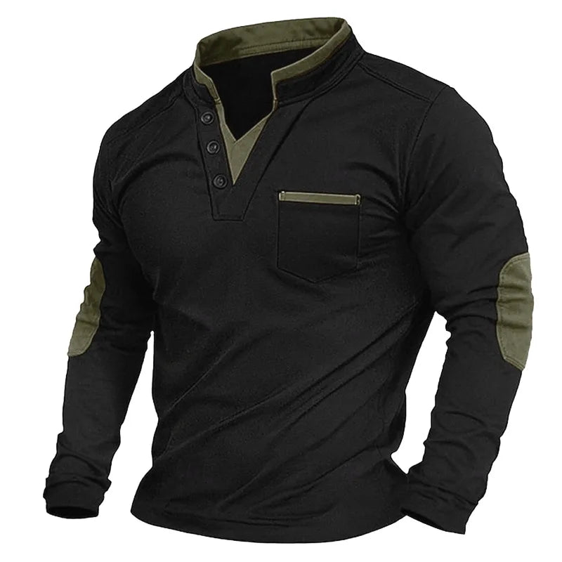 V Neck Jumper - Men's Elbow Patches Button Neck-Men's V-Neck Pullover Sweater-Chaps London-Army Green-S-Chaps London