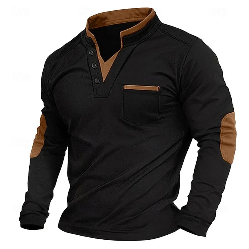 V Neck Jumper - Men's Elbow Patches Button Neck-Men's V-Neck Pullover Sweater-Chaps London-Brown-S-Chaps London