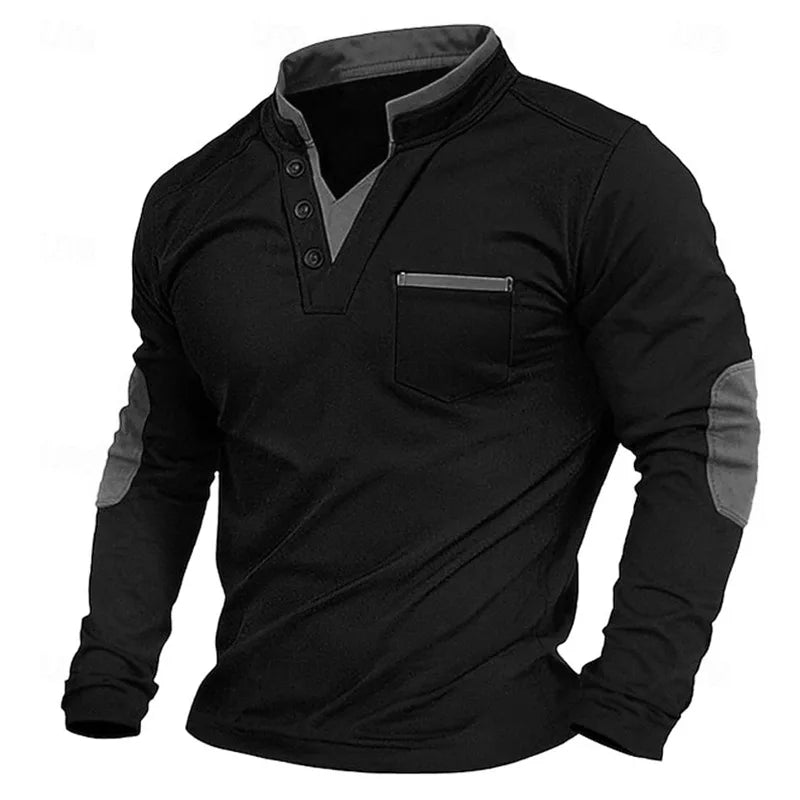 V Neck Jumper - Men's Elbow Patches Button Neck-Men's V-Neck Pullover Sweater-Chaps London-Gray-S-Chaps London