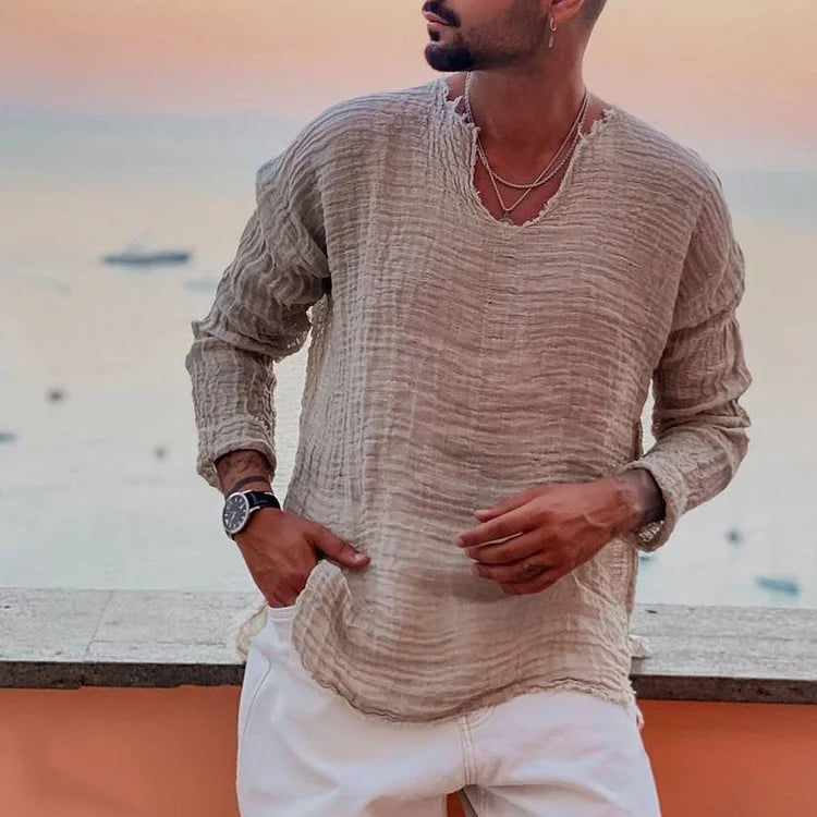 V-Neck Shirt - Men's Lightweight Loose Fit Long Sleeve T-Shirt-Plain V-Neck Casual Shirt for Men-Chaps London-Brown-S-Chaps London