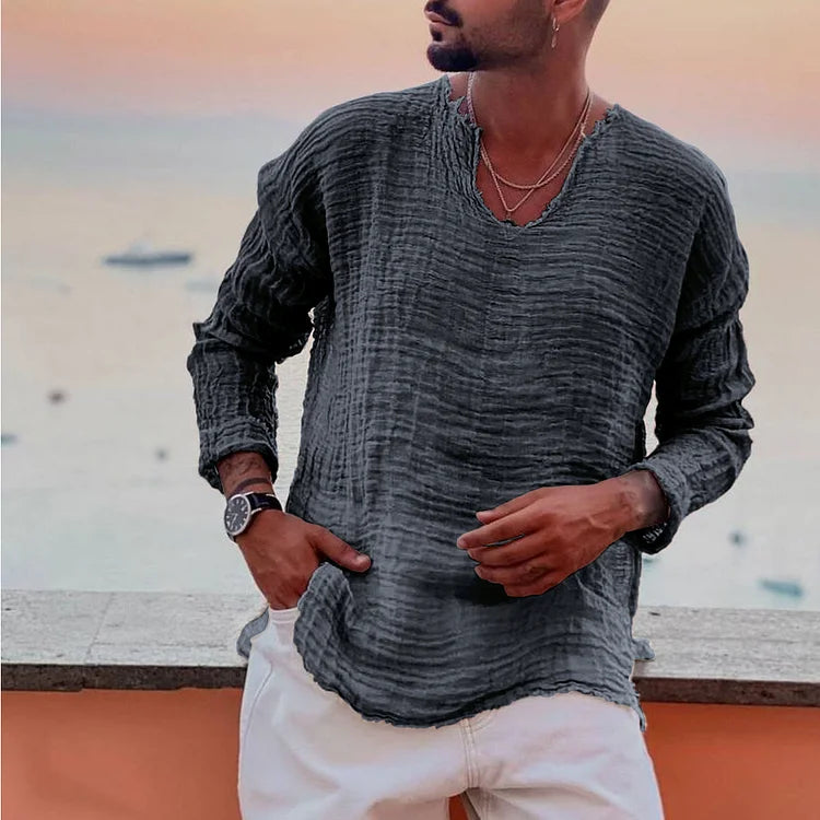 V-Neck Shirt - Men's Lightweight Loose Fit Long Sleeve T-Shirt-Plain V-Neck Casual Shirt for Men-Chaps London-Dark Gray-S-Chaps London