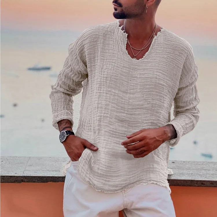 V-Neck Shirt - Men's Lightweight Loose Fit Long Sleeve T-Shirt-Plain V-Neck Casual Shirt for Men-Chaps London-White-S-Chaps London