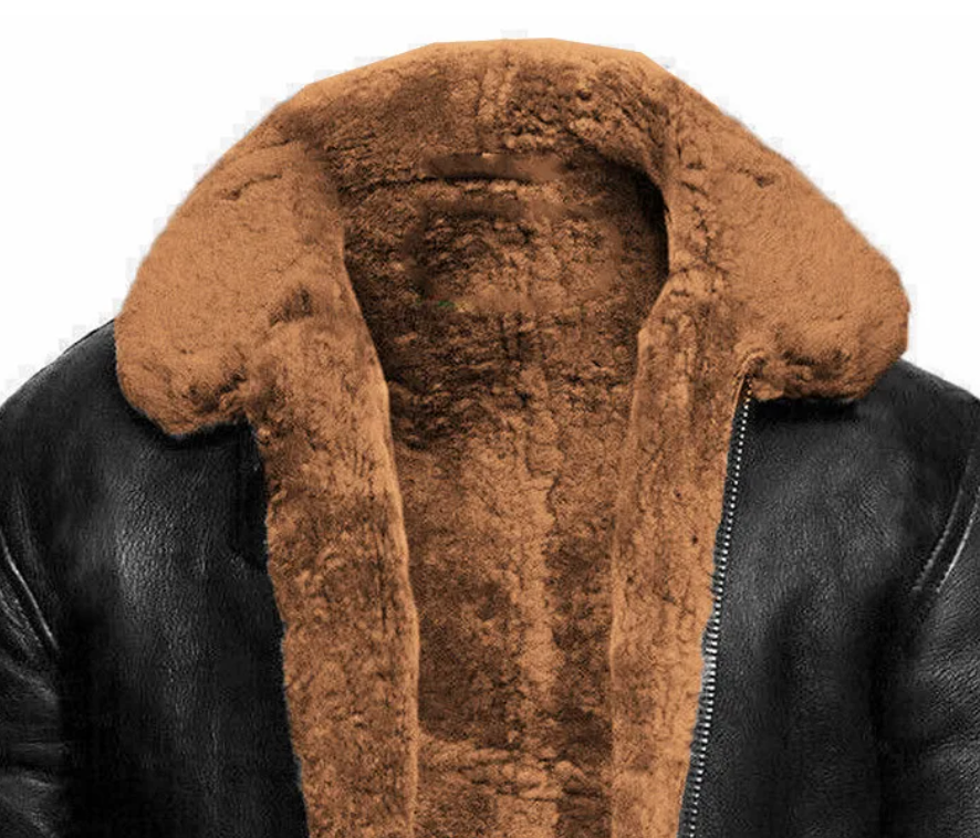 Black leather jacket with brown shearling fur collar, close-up worn view | Chaps London