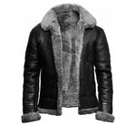 Black leather jacket with gray shearling fur lining, worn by person | Chaps London