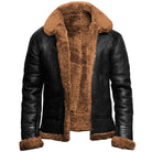 Black leather jacket with brown shearling fur lining, shown flat unzipped | Chaps London
