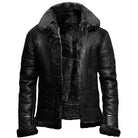 Black leather jacket with fur lining and collar, shown flat | Chaps London