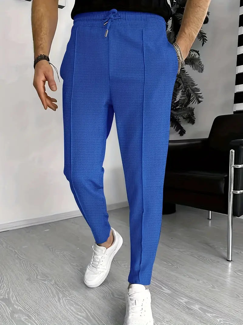 Waffle Joggers - Men's Slim Fit Drawstring Trousers-Joggers-Chaps London-Blue-S-Chaps London