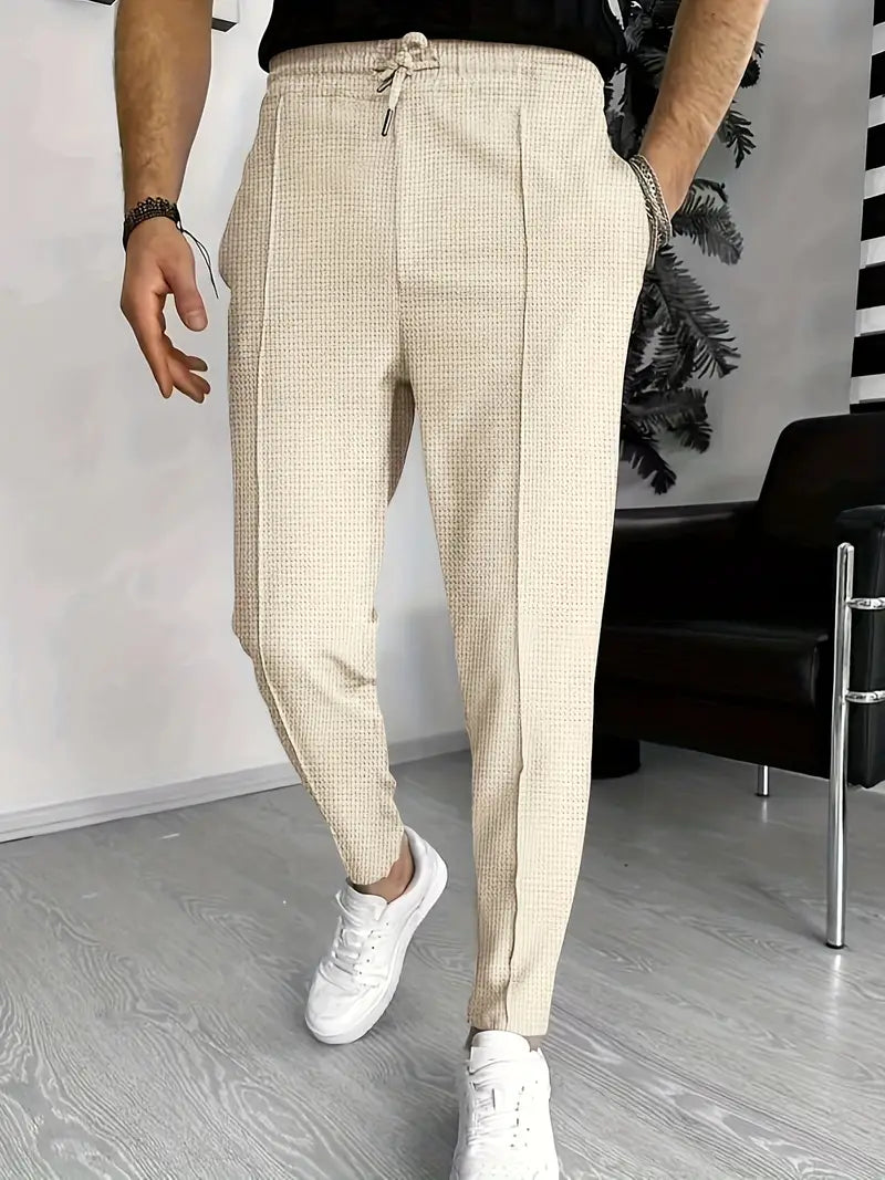 Waffle Joggers - Men's Slim Fit Drawstring Trousers-Joggers-Chaps London-Khaki-S-Chaps London