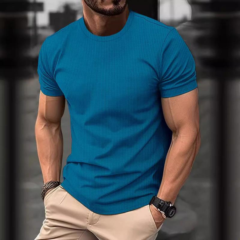 Waffle T-Shirt - Men's Short Sleeve Round Neck-T-shirts-Chaps London-Blue-S-Chaps London