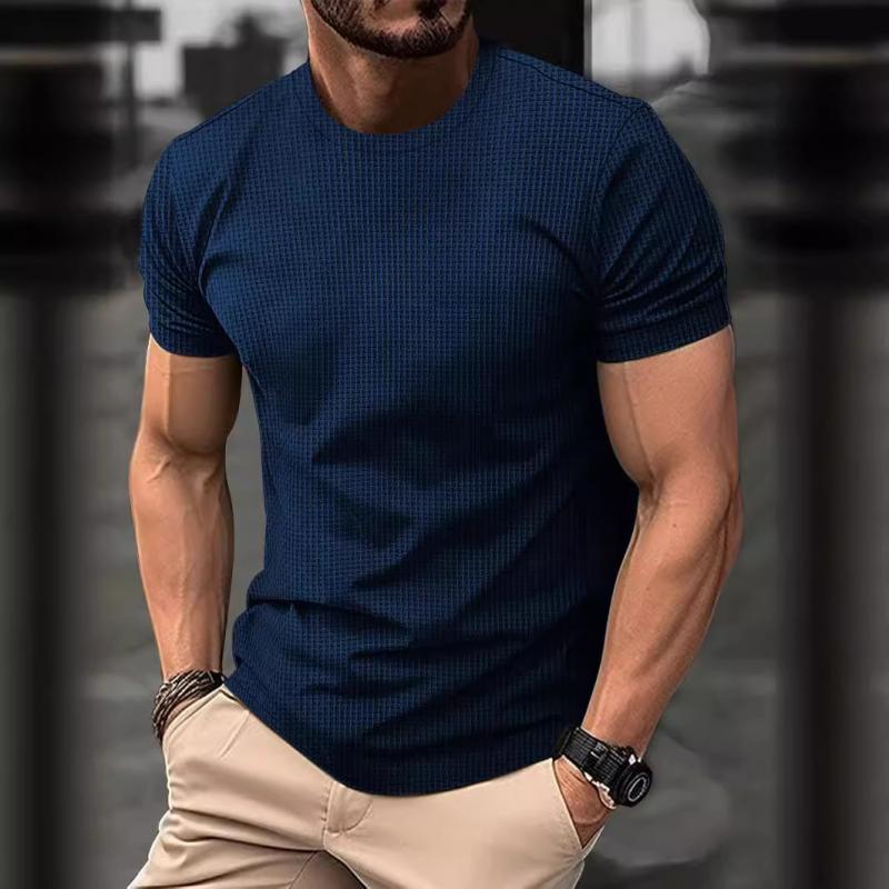 Waffle T-Shirt - Men's Short Sleeve Round Neck-T-shirts-Chaps London-Navy Blue-S-Chaps London