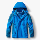 Blue hooded waterproof jacket with zippered pockets, laid flat, front view | Chaps London
