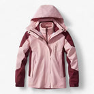 Pink and burgundy hooded jacket with fleece collar, shown flat | Chaps London