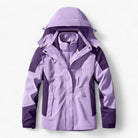 Purple color-block hooded waterproof jacket with fleece lining, shown flat | Chaps London