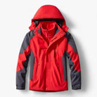 Red and gray hooded waterproof jacket with fleece lining, shown flat | Chaps London