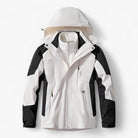White and black hooded waterproof jacket displayed on mannequin torso | Chaps London
