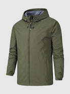 Olive green hooded zip-up windbreaker jacket displayed flat, front view | Chaps London
