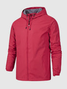 Red hooded zip-up jacket with drawstring, worn by male model | Chaps London