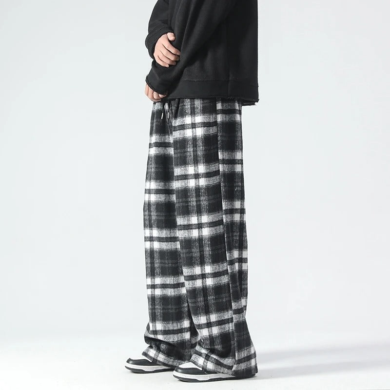 Wide Leg Pants - Plaid - Relaxed Fit - Loose Fit Pants - Men's Pants-Men's long pants-Chaps London-Black-S-Chaps London