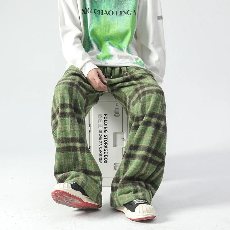 Wide Leg Pants - Plaid - Relaxed Fit - Loose Fit Pants - Men's Pants-Men's long pants-Chaps London-Green-S-Chaps London