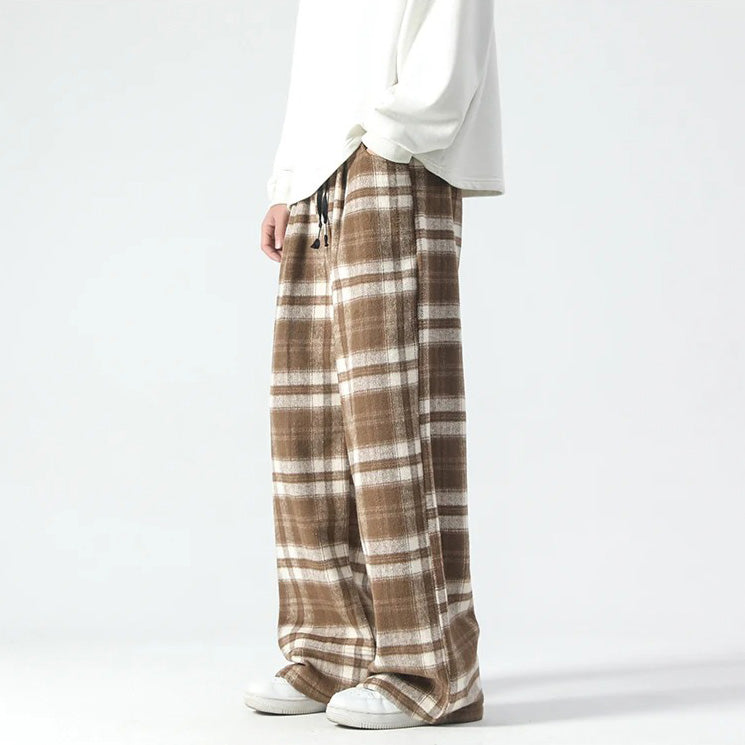 Wide Leg Pants - Plaid - Relaxed Fit - Loose Fit Pants - Men's Pants-Men's long pants-Chaps London-Khaki-S-Chaps London