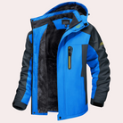 Blue and gray hooded jacket with black fleece lining, open zippers | Chaps London