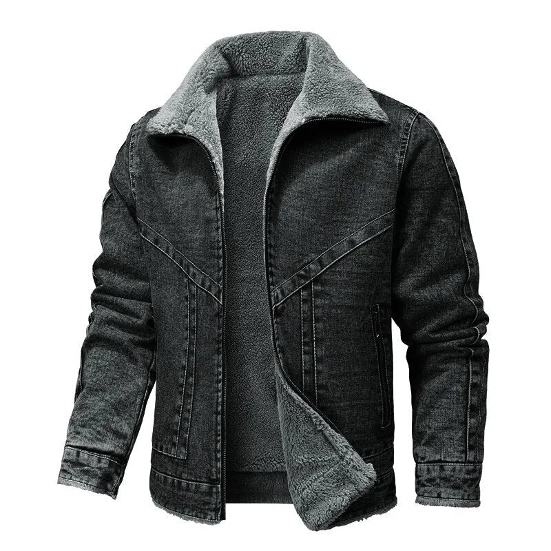Winter Denim Jacket - Warm - Zip-Up - Fleece Lined Jacket - Men's Jacket-Jackets-Chaps London-Black-S-Chaps London