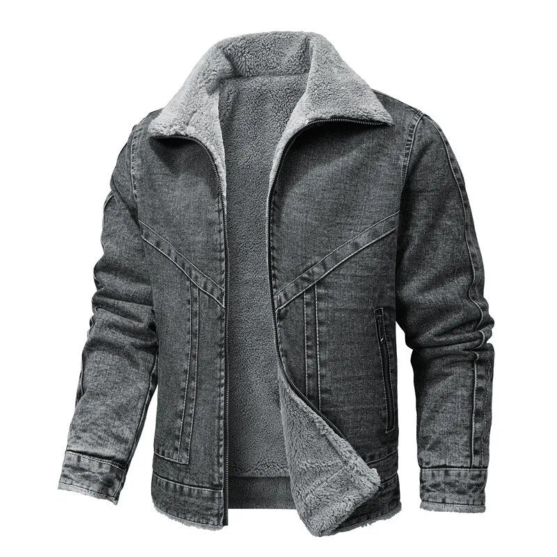 Winter Denim Jacket - Warm - Zip-Up - Fleece Lined Jacket - Men's Jacket-Jackets-Chaps London-Grey-S-Chaps London