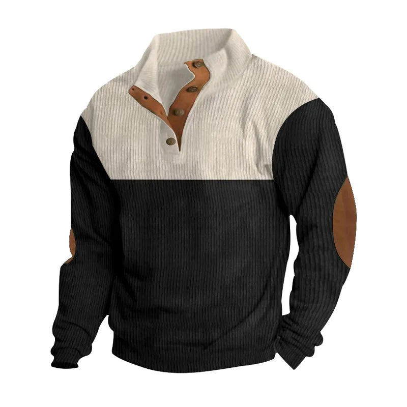 Winter Jumper - Men's Elbow Patches Button Neck Pullover-Men's Pullover Sweater-Chaps London-Black-S-Chaps London