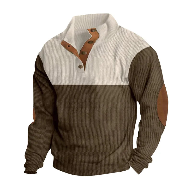 Winter Jumper - Men's Elbow Patches Button Neck Pullover-Men's Pullover Sweater-Chaps London-Brown-S-Chaps London