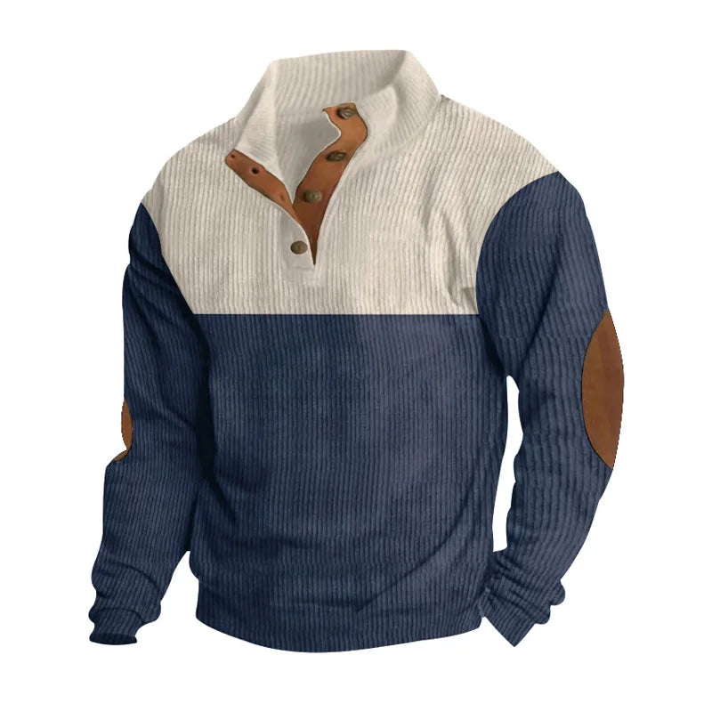 Winter Jumper - Men's Elbow Patches Button Neck Pullover-Men's Pullover Sweater-Chaps London-Navy Blue-S-Chaps London