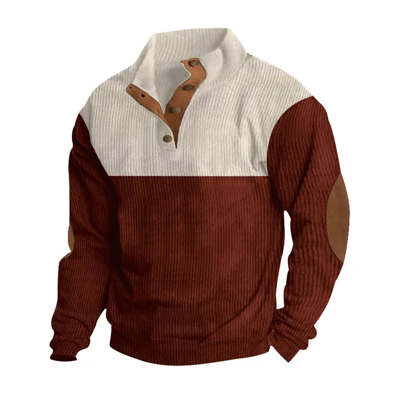 Winter Jumper - Men's Elbow Patches Button Neck Pullover-Men's Pullover Sweater-Chaps London-Red-S-Chaps London