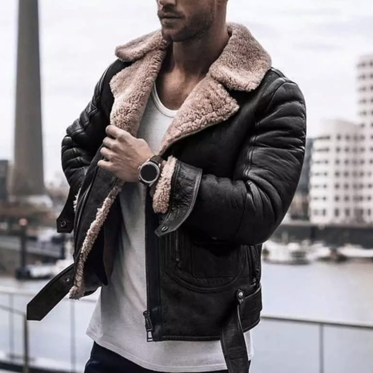 Winter Leather Jacket - Fleece Lined - Sherpa Lined - Biker Jacket - Men's Leather Jacket-Coats & Jackets-Chaps London-Black-S-Chaps London