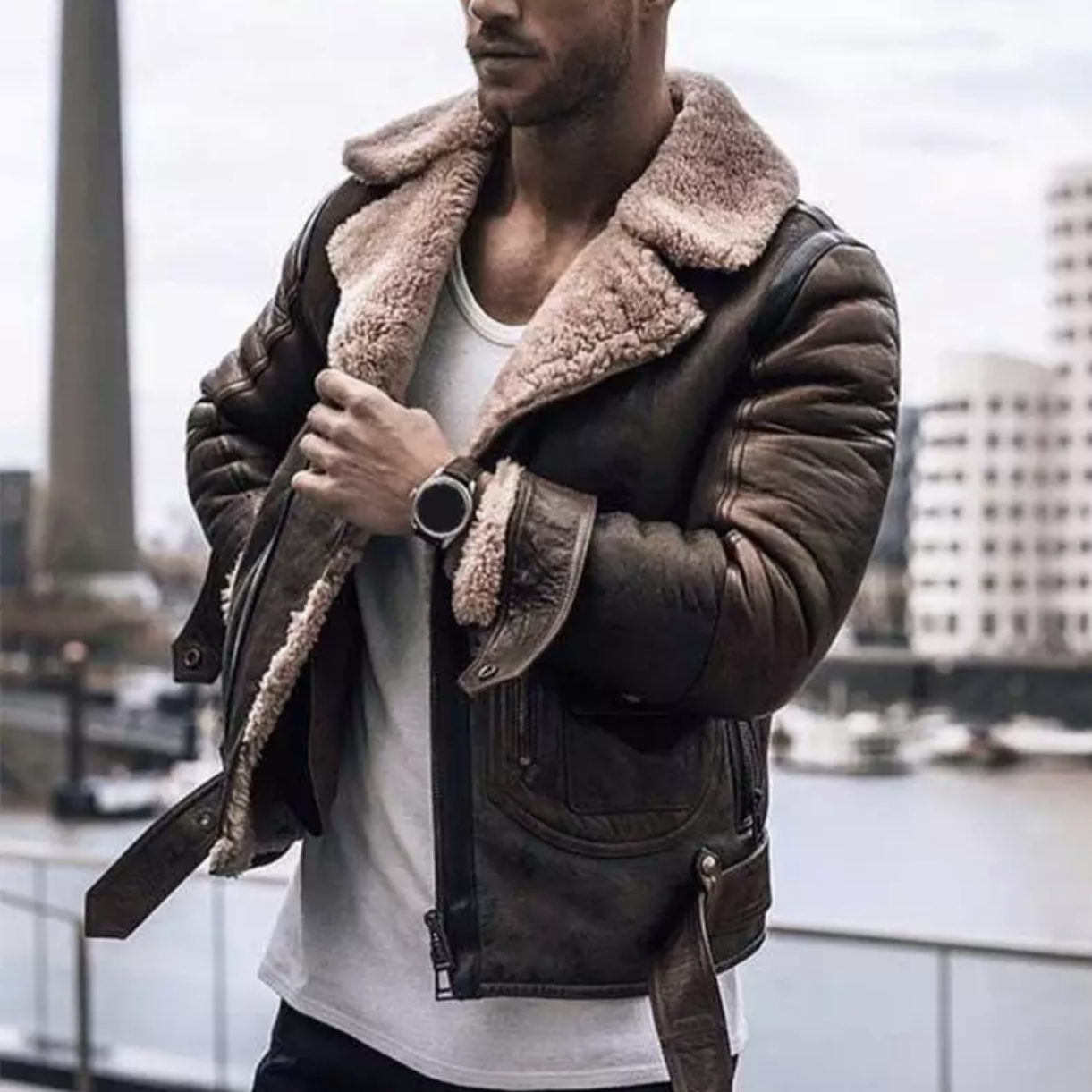 Winter Leather Jacket - Fleece Lined - Sherpa Lined - Biker Jacket - Men's Leather Jacket-Coats & Jackets-Chaps London-Dark Brown-S-Chaps London