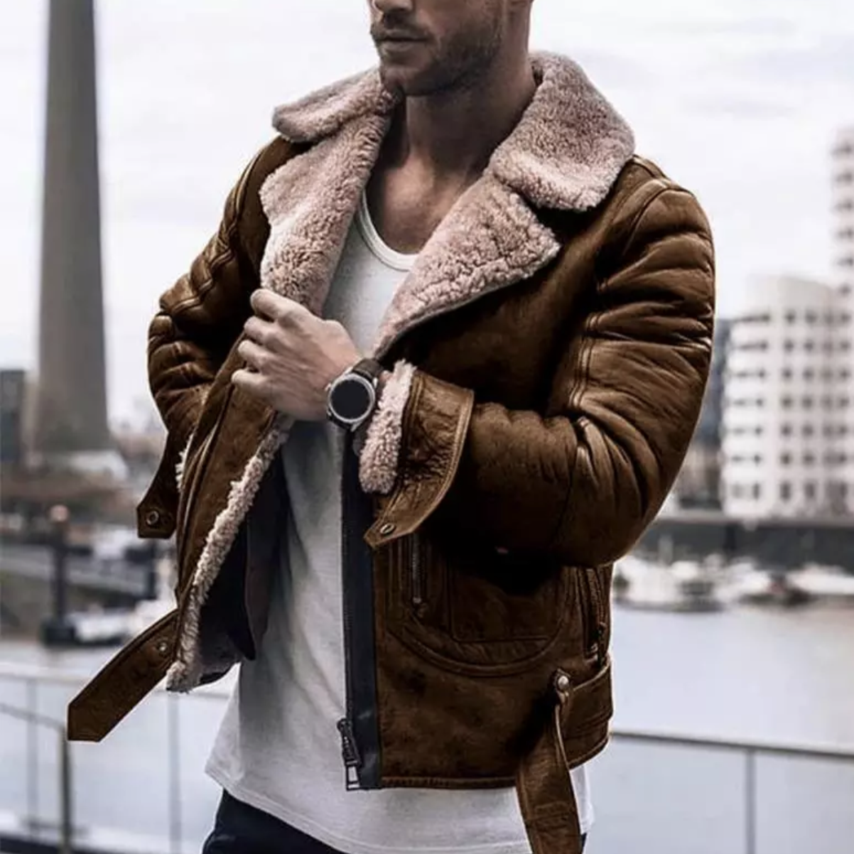 Winter Leather Jacket - Fleece Lined - Sherpa Lined - Biker Jacket - Men's Leather Jacket-Coats & Jackets-Chaps London-Light Brown-S-Chaps London