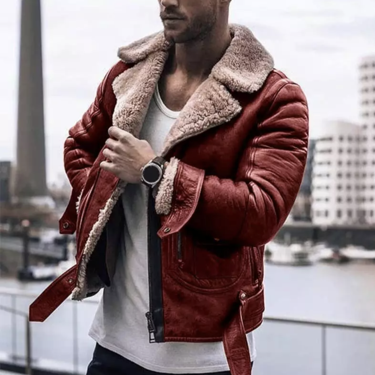 Winter Leather Jacket - Fleece Lined - Sherpa Lined - Biker Jacket - Men's Leather Jacket-Coats & Jackets-Chaps London-Red-S-Chaps London